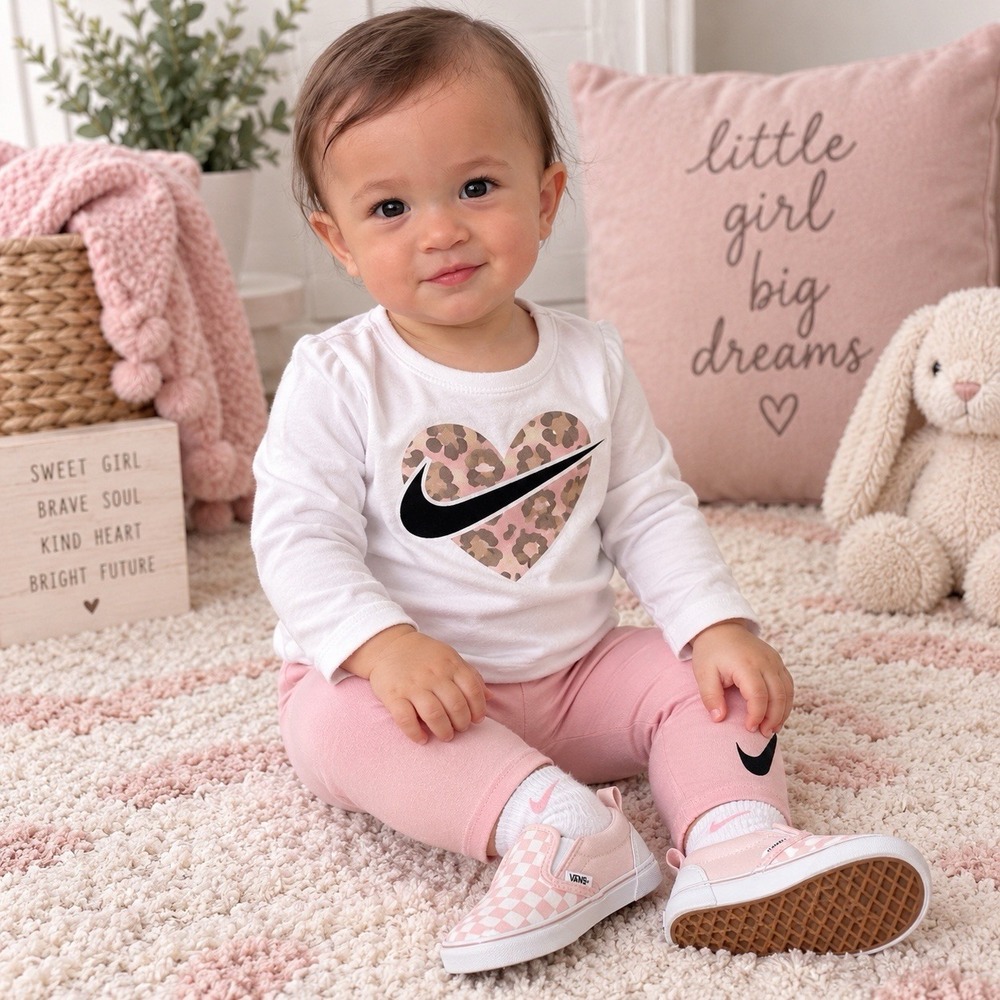 Nike Baby Girl Outfit 6M Pink Leopard Heart + Vans Crib Shoes Size 2